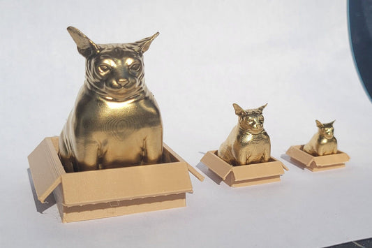 Golden Good Luck Fat Sphynx Cat Sitting in a Box Miniature Figurine Chonk Cute Hairless Cat Toy Small Mini Smol Trinket Decoration Lucky